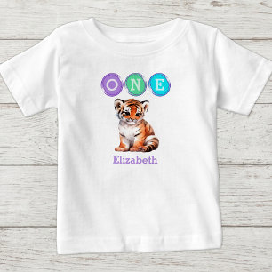 Camiseta De Bebé Cumpleaños 1 de Tigre uno con nombre púrpura