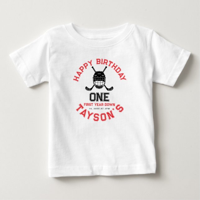 Camiseta De Bebé Cumpleaños 1er año de Hockey First Year Down  (Anverso)