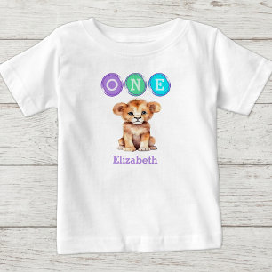 Camiseta De Bebé Cumpleaños 1er León uno con nombre púrpura