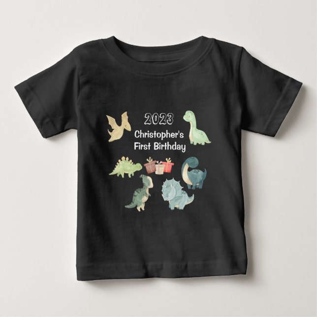 Camiseta De Bebé Cumpleaños Bebé Acuarela Lindo Dinosaurio Negro (Anverso)