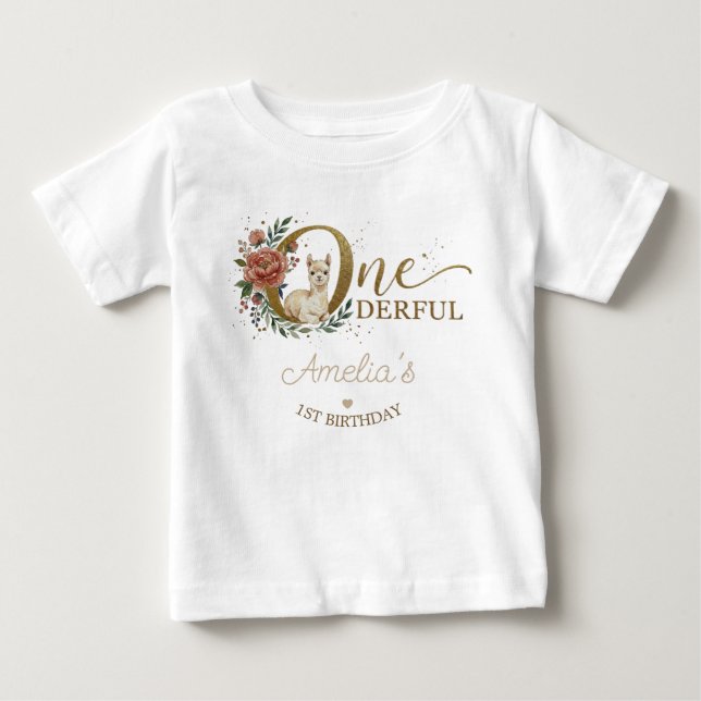 Camiseta De Bebé Cumpleaños Boho Rosa Adorable Alpaca 1er (Anverso)
