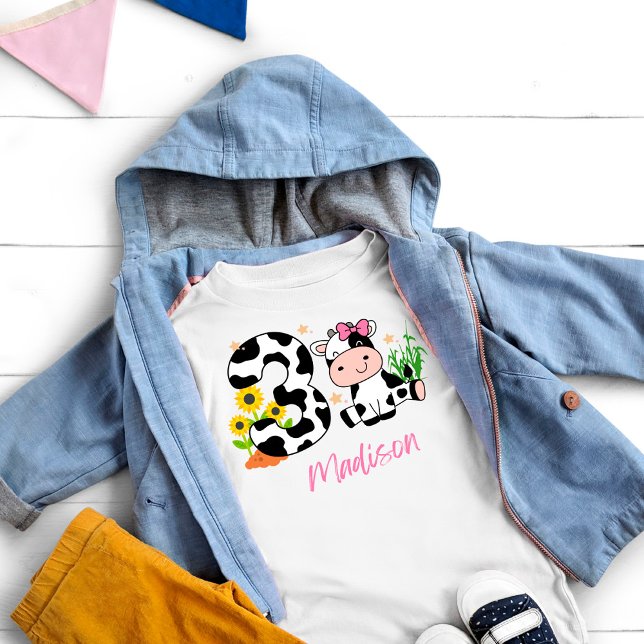 Camiseta De Bebé Cumpleaños de 3 años de niña con vaca linda (Subido por el creador)