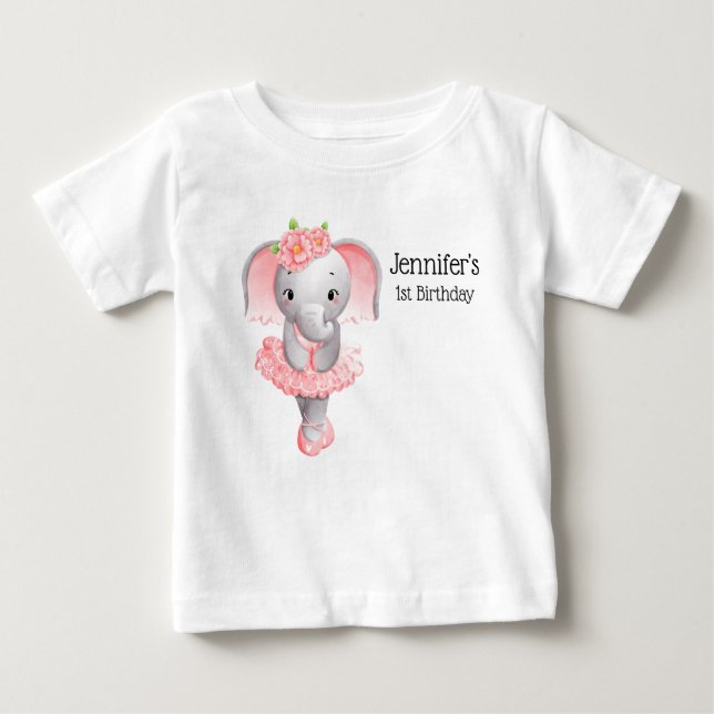Camiseta De Bebé Cumpleaños de Bailarina de Elefante Rosa y Gris Li (Anverso)