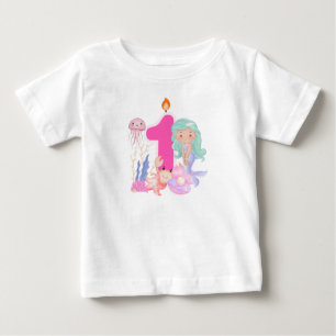 Camiseta De Bebé Cumpleaños de Sirena y Criaturas Marinas en Pastel