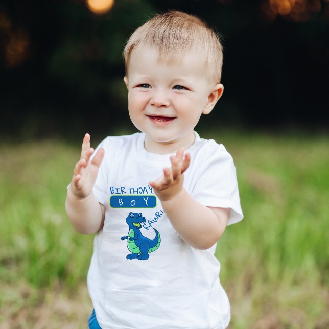 Camiseta De Bebé Cumpleaños del divertido dinosaurio azul verde (Cute Blue Green Dinosaur First Birthday Toddler T-shirt)