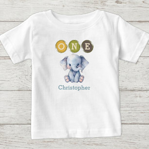 Camiseta De Bebé Cumpleaños del elefante 1º uno con nombre azul