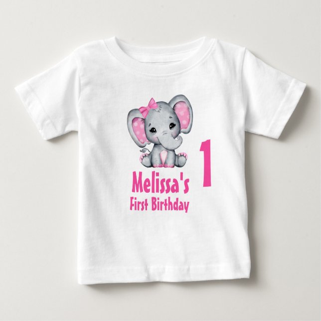Camiseta De Bebé Cumpleaños del primer bebé elefante rosa lindo (Anverso)