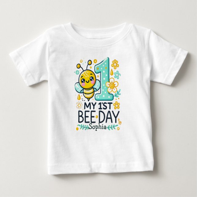 Camiseta De Bebé Cumpleaños del primer día de la abeja personalizad (Anverso)
