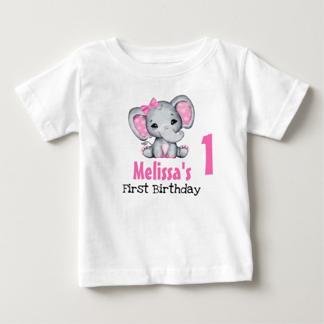 Camiseta De Bebé Cumpleaños del primer elefante bebé rosa lindo (Anverso)