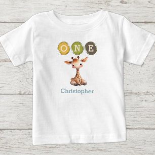 Camiseta De Bebé Cumpleaños jirafa 1st con nombre azul