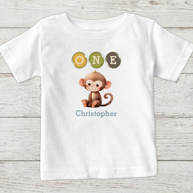 Camiseta De Bebé Cumpleaños mono 1º con nombre azul (Subido por el creador)