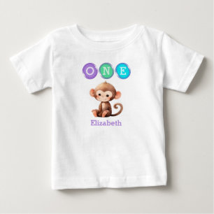 Camiseta De Bebé Cumpleaños mono 1st con nombre púrpura