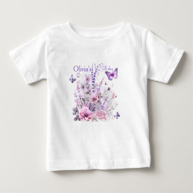 Camiseta De Bebé Cumpleaños niña 1 año Mariposas Lila Acuarela  (Anverso)