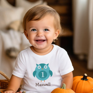Camiseta De Bebé Cumpleaños Niño Búho Azul Lindo Nombre Primer Azul
