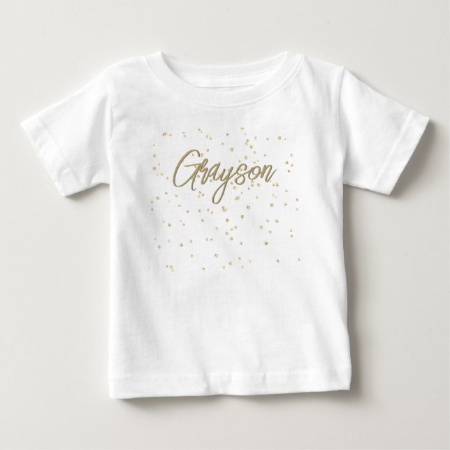 Camiseta De Bebé Cumpleaños Niño Nombre Niño Dorado Brillante (Anverso)