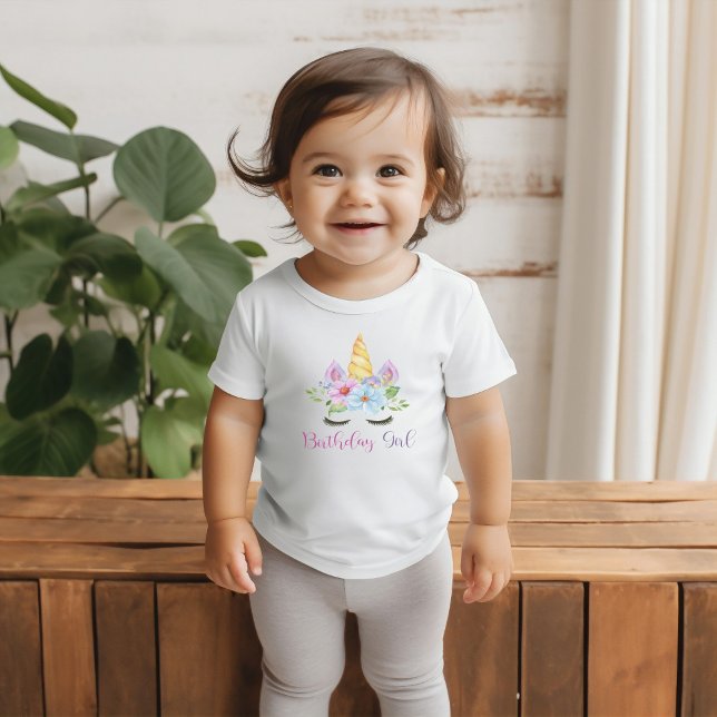 Camiseta De Bebé Cumpleaños número 1 Acuarela Floral Unicornio Mági (Subido por el creador)
