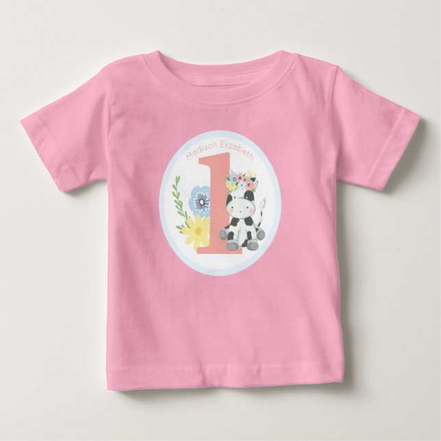 Camiseta De Bebé Cumpleaños número uno 1 de ternera floral vaquilla (Anverso)