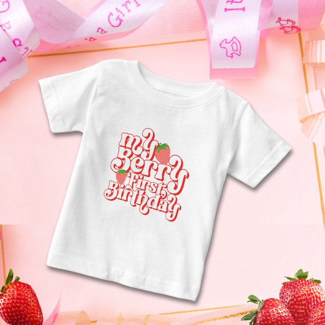 Camiseta De Bebé Cumpleaños número uno con bayas rosadas y rojas li (Subido por el creador)