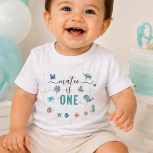 Camiseta De Bebé Cumpleaños número uno de Animal Marino Uno Nombre