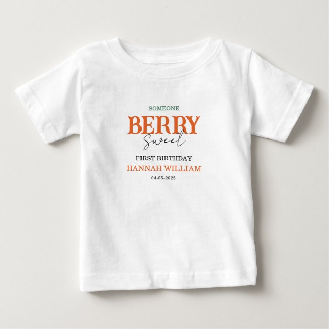 Camiseta De Bebé Cumpleaños número uno de Berry Sweet Strawberry (Anverso)