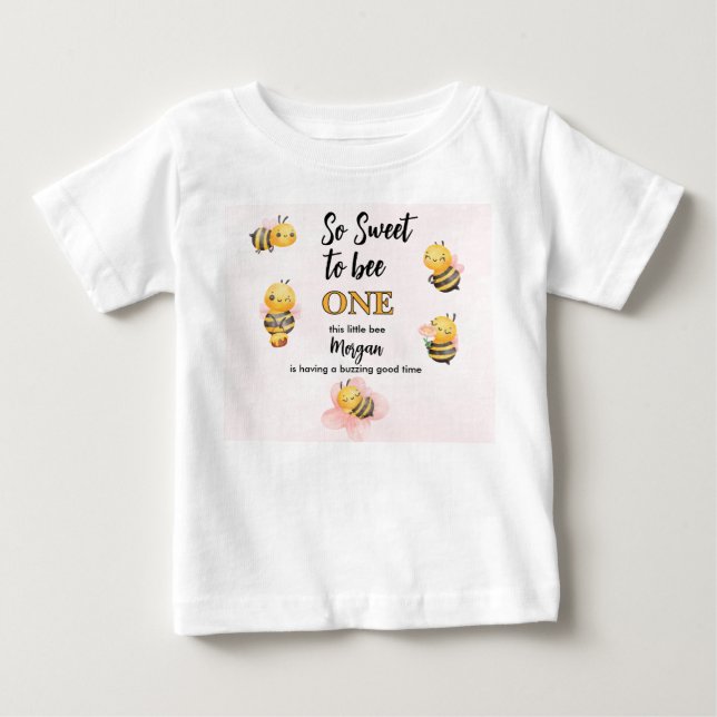 Camiseta De Bebé Cumpleaños número uno de Cute Bee One Rosa Negro (Anverso)
