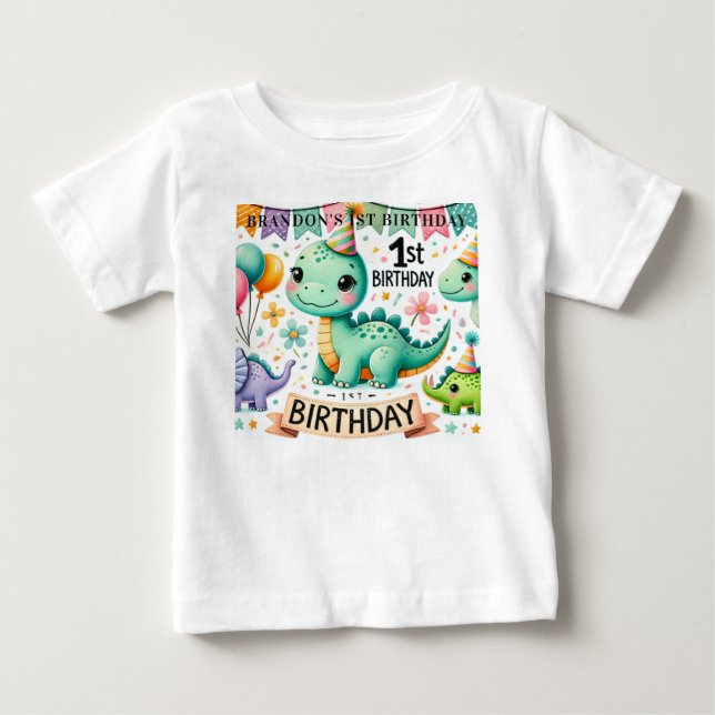 Camiseta De Bebé Cumpleaños número uno de Dinosaurio Dino (Anverso)