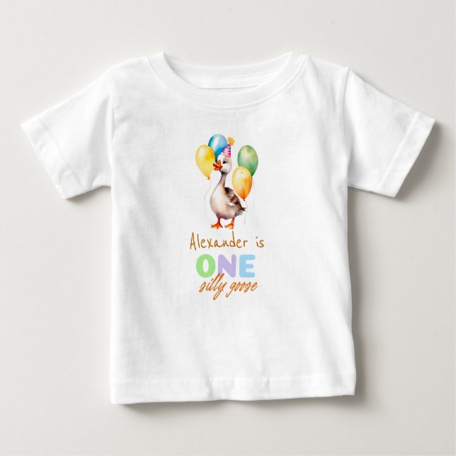 Camiseta De Bebé Cumpleaños número uno de un niño tonto ganso azul  (Anverso)