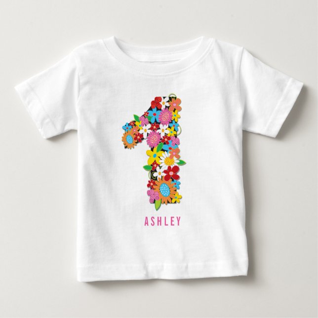 Camiseta De Bebé Cumpleaños número uno de una niña en el jardín de  (Anverso)