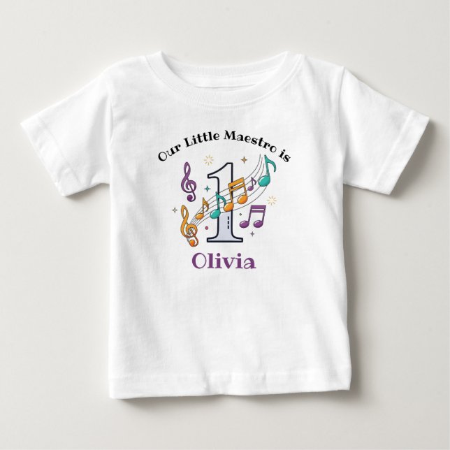 Camiseta De Bebé Cumpleaños Número Uno Notas Musicales Coloridas (Anverso)