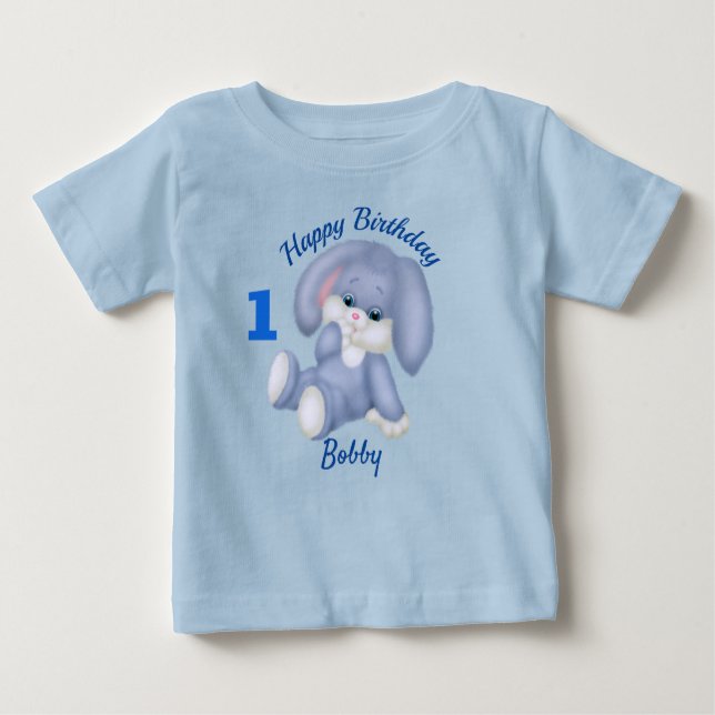 Camiseta De Bebé Cumpleaños Personalizado Blue Bunny Niños 1er Nomb (Anverso)
