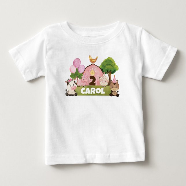 Camiseta De Bebé Cumpleaños personalizado de los Barnyard rosados (Anverso)