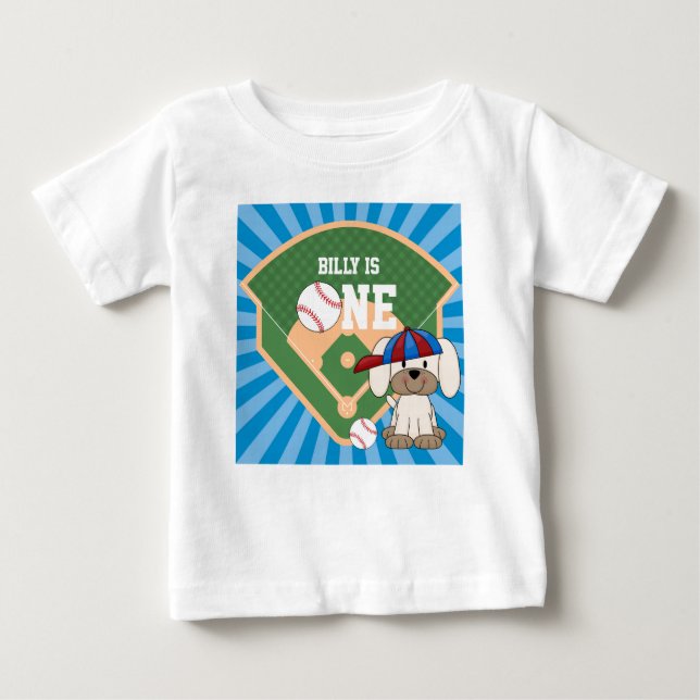 Camiseta De Bebé Cumpleaños Personalizado de Perrito de Béisbol Lin (Anverso)