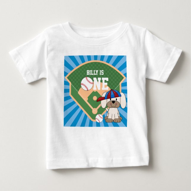 Camiseta De Bebé Cumpleaños Personalizado Lindo Cachorro de Béisbol (Anverso)