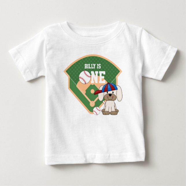 Camiseta De Bebé Cumpleaños Personalizado Lindo Cachorro de Béisbol (Anverso)