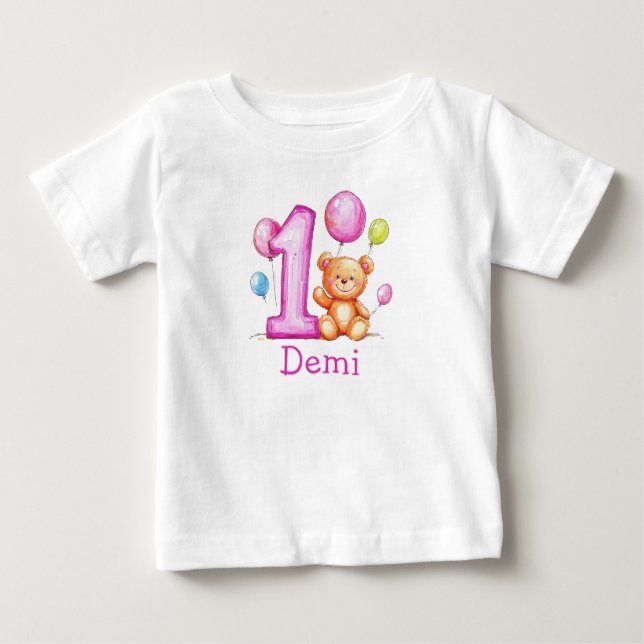 Camiseta De Bebé Cumpleaños personalizado rosa para niñas 1 año (Anverso)