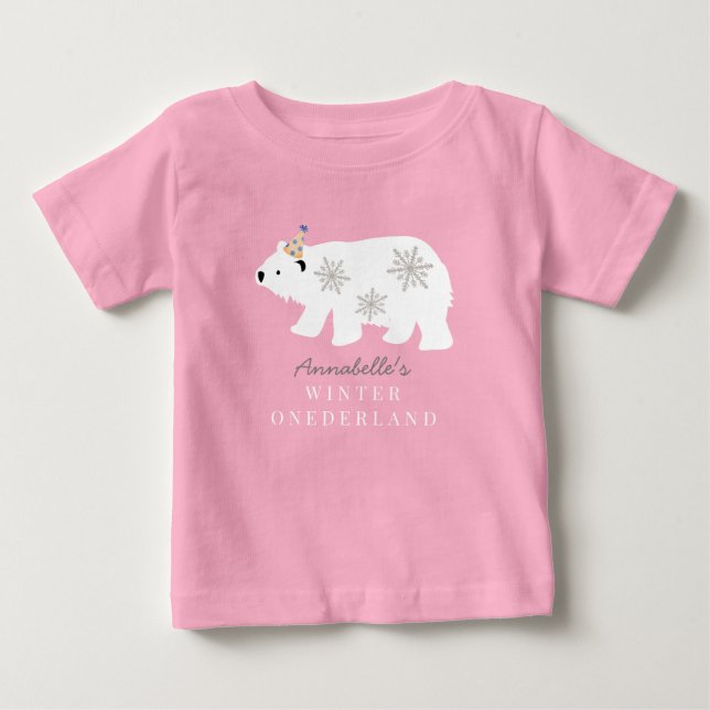 Camiseta De Bebé Cumpleaños Polar Bear Winter Onederland Rosa 1er (Anverso)