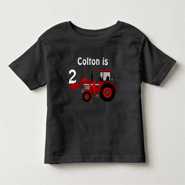Camiseta De Bebé Cumpleaños rojo del tractor de la diversión "edad" (Anverso)
