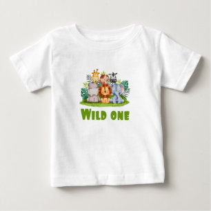 Camiseta De Bebé Cumpleaños Safari Jungla Animal Bebé Uno Salvaje Z
