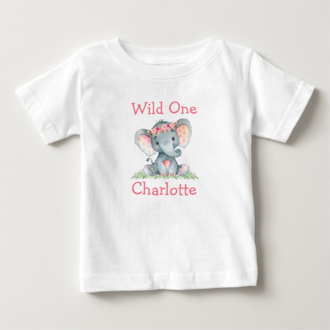 Camiseta De Bebé Cumpleaños Salvaje 1 Elefante Flores Rosadas (Anverso)