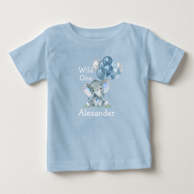 Camiseta De Bebé Cumpleaños Salvaje 1er Elefante Bebé Globos Azul (Anverso)
