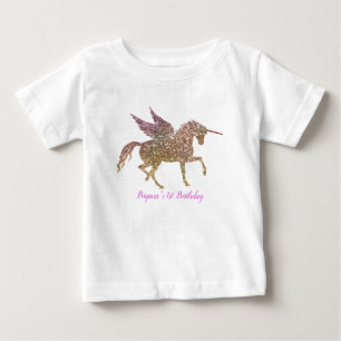 Camiseta De Bebé Cumpleaños Unicornio de Purpurina Dorada Arcoíris