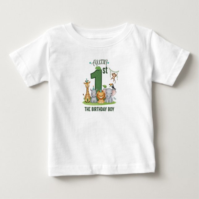 Camiseta De Bebé Custom Name Boy's Jungle 1st Birthday T-Shirt (Anverso)