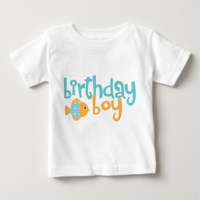 Camiseta De Bebé Cute Aqua y Naranja Fish Birday Boy (Anverso)