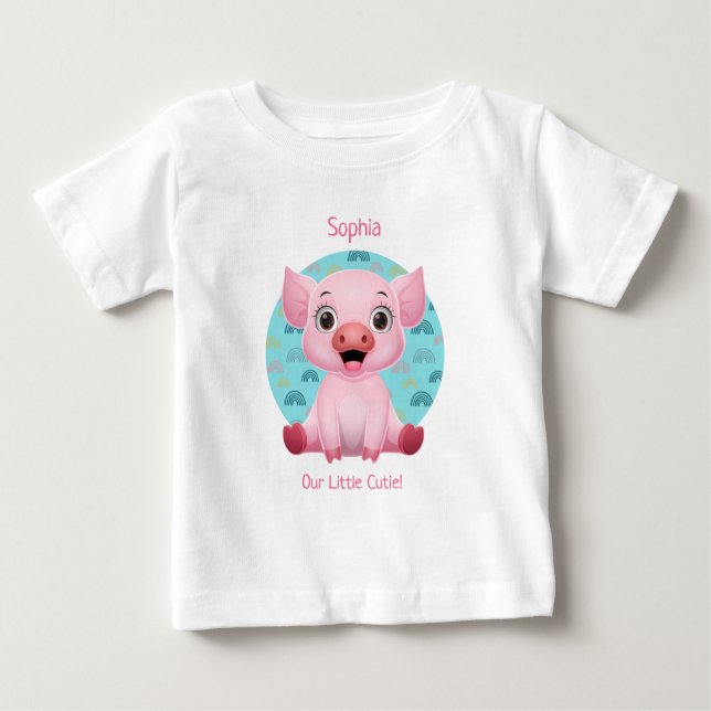Camiseta De Bebé Cute Baby Pig Cartoon, DIY Name & Pink Text (Anverso)