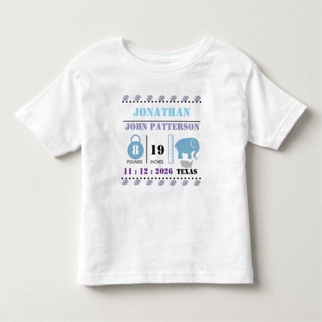 Camiseta De Bebé Cute Blue Baby Elephant Birth Announcement (Anverso)