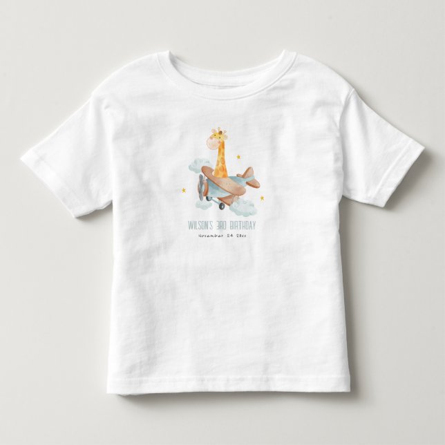 Camiseta De Bebé Cute Blue Fly sobre Giraffe Avión Animal Cumpleaño (Anverso)