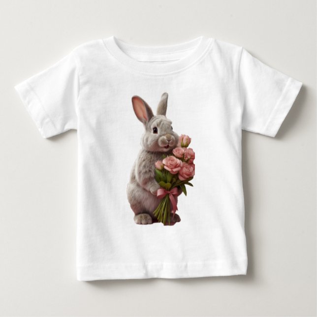 Camiseta De Bebé  “Cute Bunny with Pink Roses” Adorable Art Design (Anverso)