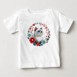 Camiseta De Bebé Cute Cat and Flowers Faux Embroidery Baby T-Shirt
