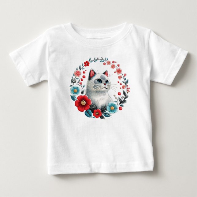 Camiseta De Bebé Cute Cat and Flowers Faux Embroidery Baby T-Shirt (Anverso)