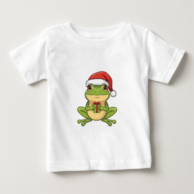Camiseta De Bebé Cute Christmas Frog with Santa Hat Holding  Gift - (Anverso)